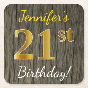 Faux Wood, Faux Gold 21st Birthday + Custom Name Square Paper Coaster