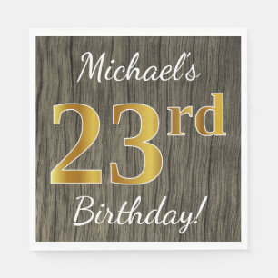 Faux Wood, Faux Gold 23rd Birthday + Custom Name Napkin