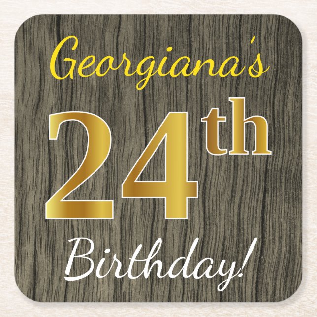 Faux Wood, Faux Gold 24th Birthday + Custom Name Square Paper Coaster (Front)
