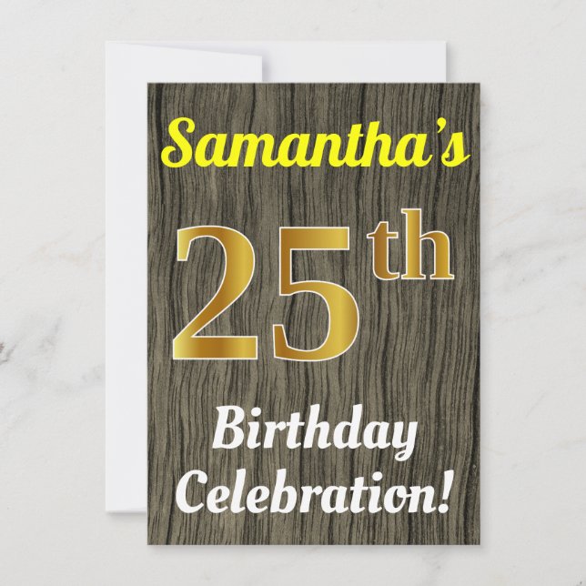 Faux Wood, Faux Gold 25th Birthday Celebration Invitation (Front)