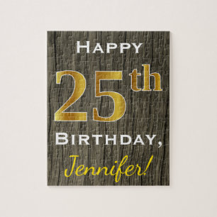 Faux Wood, Faux Gold 25th Birthday + Custom Name Jigsaw Puzzle
