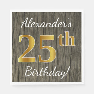 Faux Wood, Faux Gold 25th Birthday + Custom Name Napkin