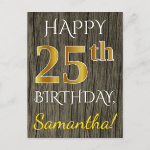 Faux Wood, Faux Gold 25th Birthday + Custom Name Postcard