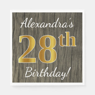 Faux Wood, Faux Gold 28th Birthday + Custom Name Napkin