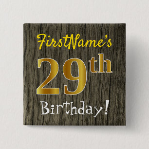 Faux Wood, Faux Gold 29th Birthday + Custom Name 15 Cm Square Badge