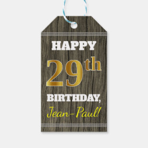 Faux Wood, Faux Gold 29th Birthday + Custom Name Gift Tags