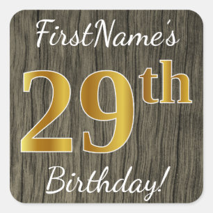 Faux Wood, Faux Gold 29th Birthday + Custom Name Square Sticker