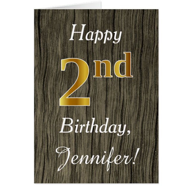 Faux Wood, Faux Gold 2nd Birthday + Custom Name (Front)