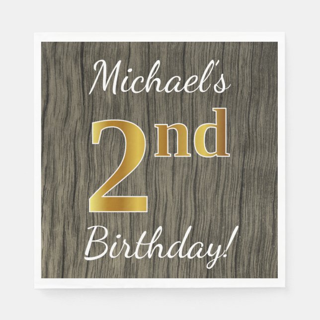 Faux Wood, Faux Gold 2nd Birthday + Custom Name Napkin (Front)