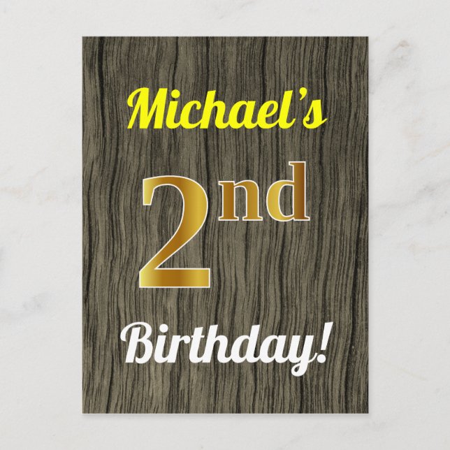 Faux Wood, Faux Gold 2nd Birthday & Custom Name Postcard (Front)