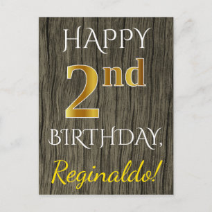 Faux Wood, Faux Gold 2nd Birthday + Custom Name Postcard