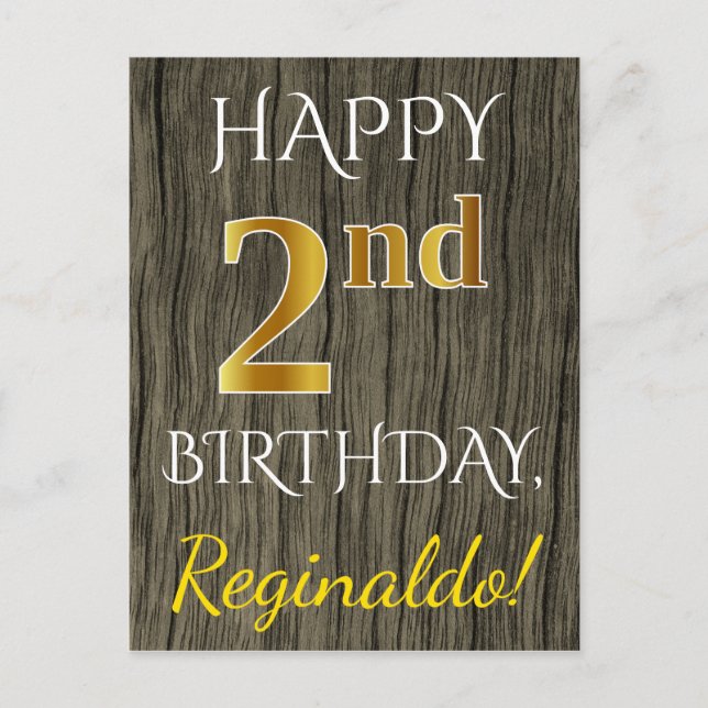 Faux Wood, Faux Gold 2nd Birthday + Custom Name Postcard (Front)