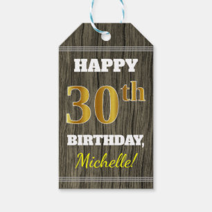 Faux Wood, Faux Gold 30th Birthday + Custom Name Gift Tags
