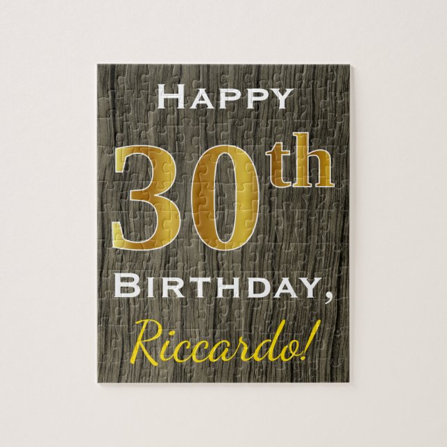 Faux Wood, Faux Gold 30th Birthday + Custom Name Jigsaw Puzzle (Vertical)