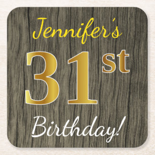 Faux Wood, Faux Gold 31st Birthday + Custom Name Square Paper Coaster