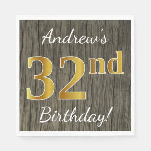 Faux Wood, Faux Gold 32nd Birthday + Custom Name Napkin
