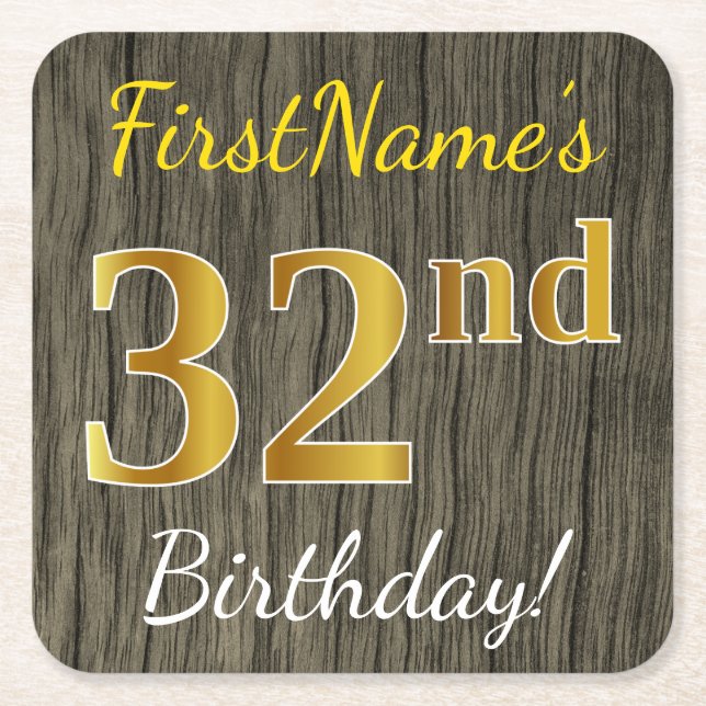 Faux Wood, Faux Gold 32nd Birthday + Custom Name Square Paper Coaster (Front)