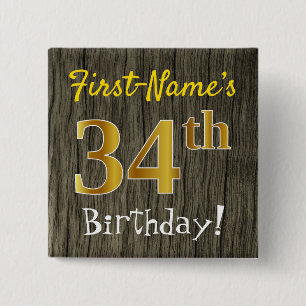 Faux Wood, Faux Gold 34th Birthday + Custom Name 15 Cm Square Badge