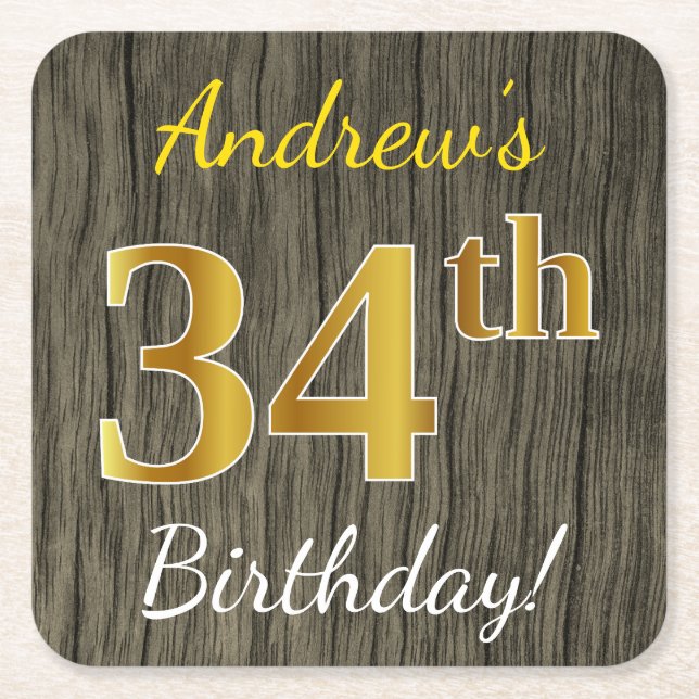 Faux Wood, Faux Gold 34th Birthday + Custom Name Square Paper Coaster (Front)