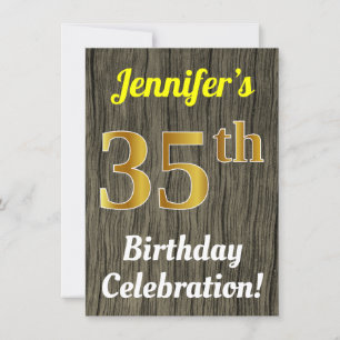 Faux Wood, Faux Gold 35th Birthday Celebration Invitation