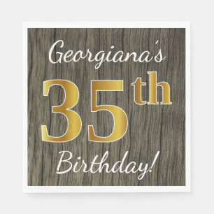 Faux Wood, Faux Gold 35th Birthday + Custom Name Napkin