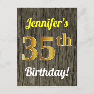 Faux Wood, Faux Gold 35th Birthday & Custom Name Postcard