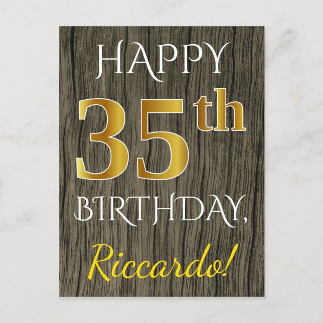 Faux Wood, Faux Gold 35th Birthday + Custom Name Postcard (Front)