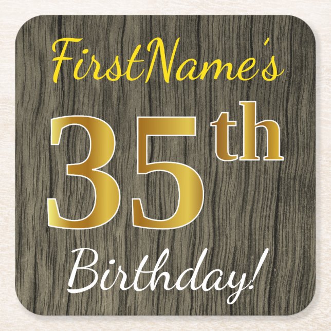 Faux Wood, Faux Gold 35th Birthday + Custom Name Square Paper Coaster (Front)