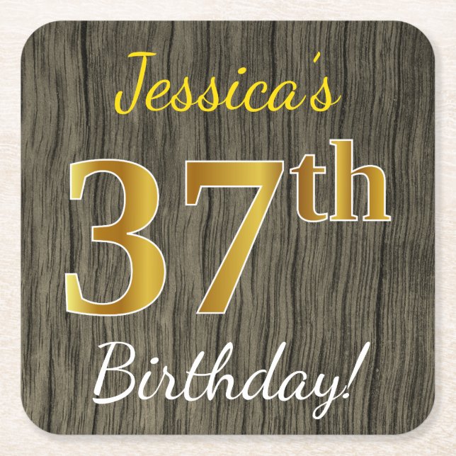 Faux Wood, Faux Gold 37th Birthday + Custom Name Square Paper Coaster (Front)