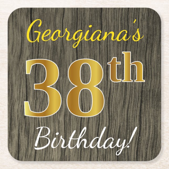 Faux Wood, Faux Gold 38th Birthday + Custom Name Square Paper Coaster (Front)