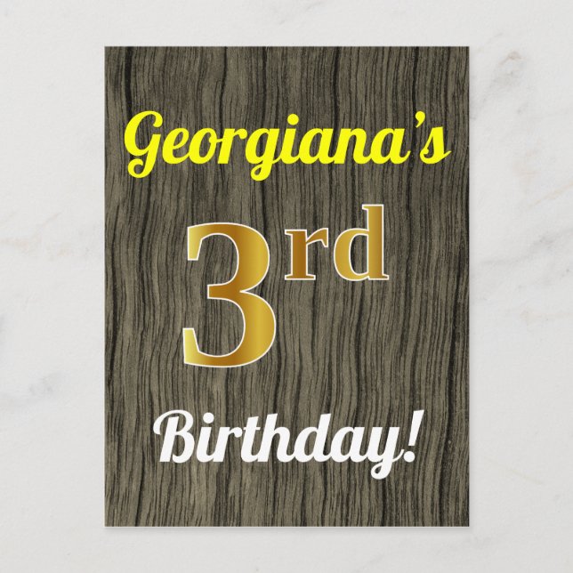 Faux Wood, Faux Gold 3rd Birthday & Custom Name Postcard (Front)