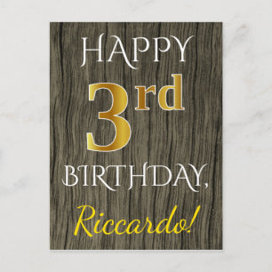 Faux Wood, Faux Gold 3rd Birthday + Custom Name Postcard