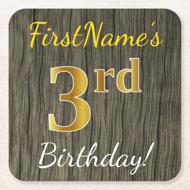Faux Wood, Faux Gold 3rd Birthday + Custom Name Square Paper Coaster (Front)