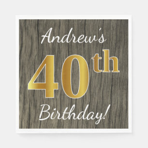 Faux Wood, Faux Gold 40th Birthday + Custom Name Napkin