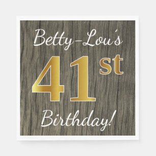 Faux Wood, Faux Gold 41st Birthday + Custom Name Napkin