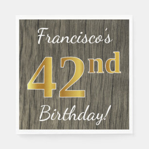 Faux Wood, Faux Gold 42nd Birthday + Custom Name Napkin