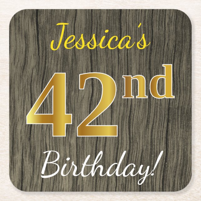 Faux Wood, Faux Gold 42nd Birthday + Custom Name Square Paper Coaster (Front)