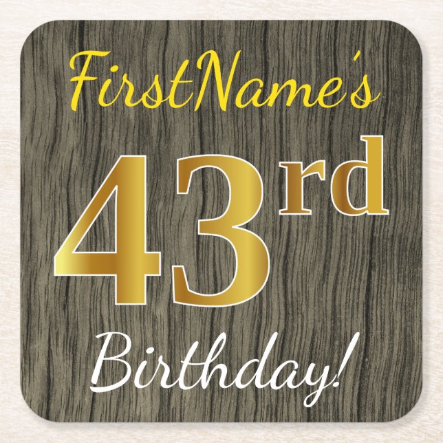 Faux Wood, Faux Gold 43rd Birthday + Custom Name Square Paper Coaster (Front)