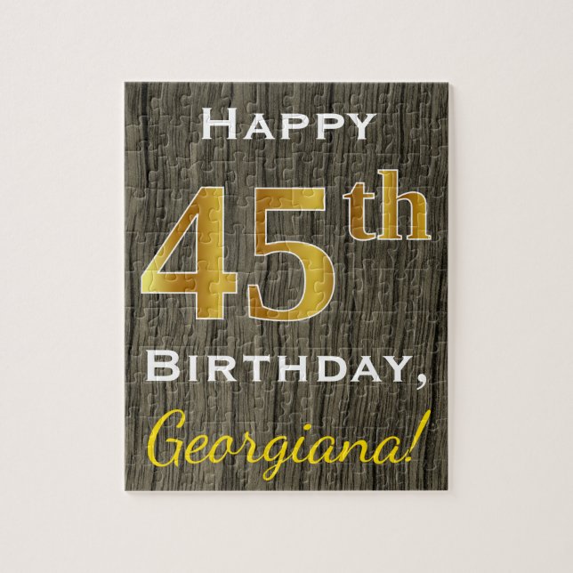 Faux Wood, Faux Gold 45th Birthday + Custom Name Jigsaw Puzzle (Vertical)