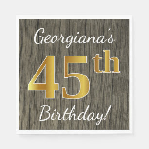 Faux Wood, Faux Gold 45th Birthday + Custom Name Napkin