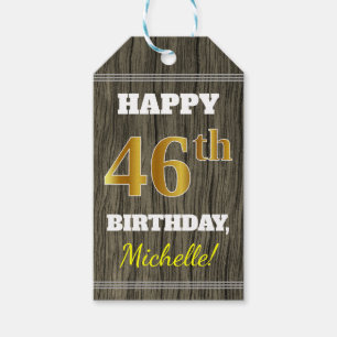 Faux Wood, Faux Gold 46th Birthday + Custom Name Gift Tags