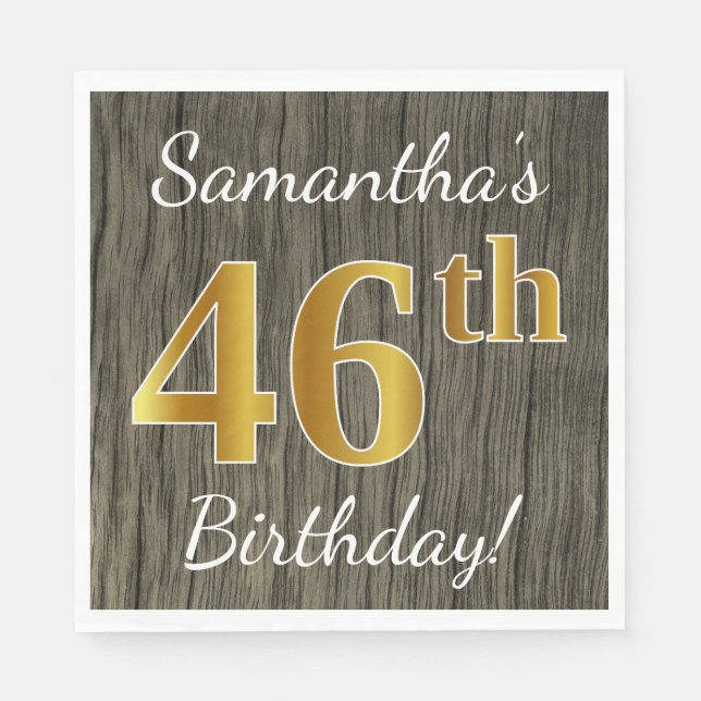 Faux Wood, Faux Gold 46th Birthday + Custom Name Napkin (Front)