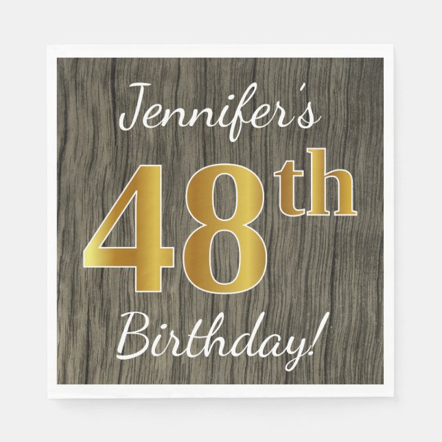 Faux Wood, Faux Gold 48th Birthday + Custom Name Napkin (Front)