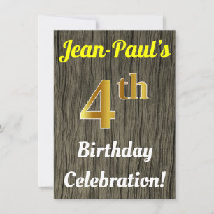 Faux Wood, Faux Gold 4th Birthday Celebration Invitation