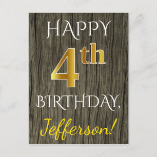 Faux Wood, Faux Gold 4th Birthday + Custom Name Postcard