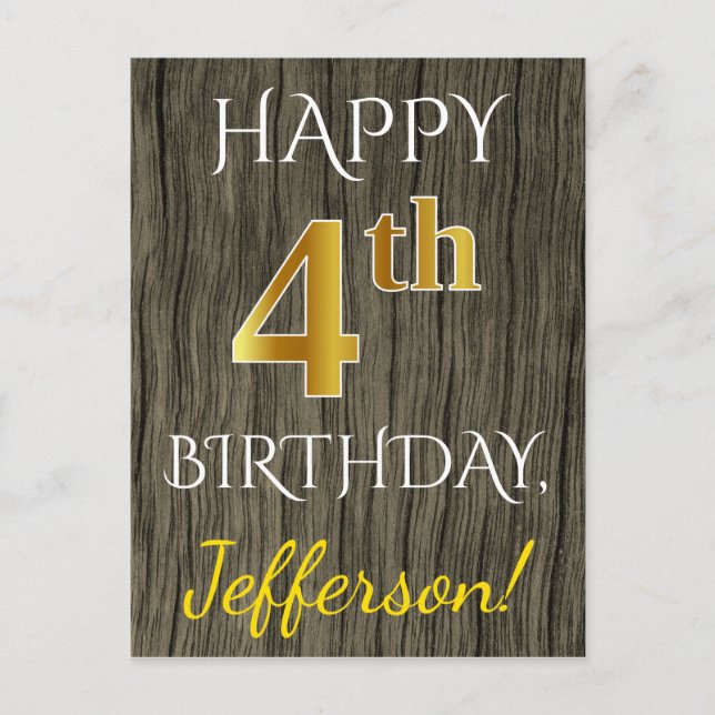 Faux Wood, Faux Gold 4th Birthday + Custom Name Postcard (Front)