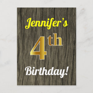 Faux Wood, Faux Gold 4th Birthday & Custom Name Postcard