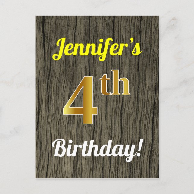 Faux Wood, Faux Gold 4th Birthday & Custom Name Postcard (Front)