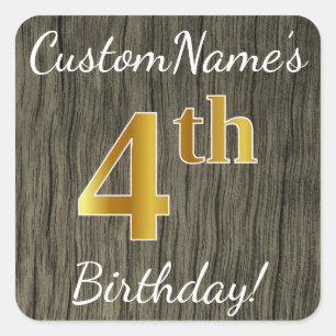 Faux Wood, Faux Gold 4th Birthday + Custom Name Square Sticker