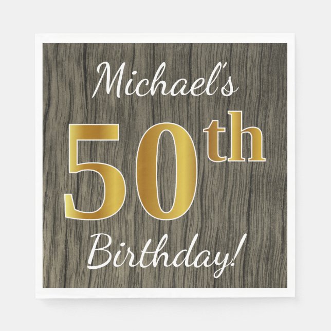 Faux Wood, Faux Gold 50th Birthday + Custom Name Napkin (Front)